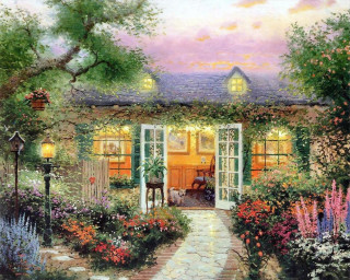 House garden pathway lamp post - a painting of a house free wallpaper