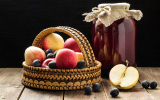 Basket fruit jar blueberries apples - folk art free wallpaper