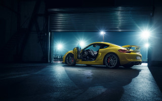 Yellow sports car garage night 2 - its door open free wallpaper