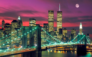City skyline bridge moon pink - a full moon in the sky above free wallpaper
