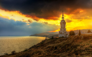 Church hill ocean sunset dramatic - andrey ryabovichev free wallpaper