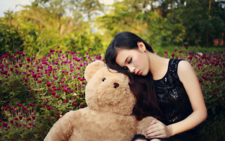 Woman flower field teddy bear - a field of flowers free wallpaper