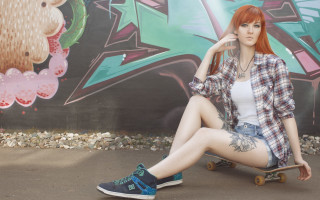 Red haired woman skateboard graffiti - a skateboard in front free wallpaper