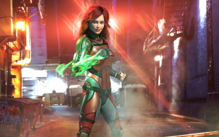 Eve ryder futuristic suit neon - a red light behind her free wallpaper