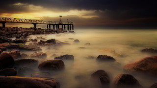 Pier sunset ocean rocks matte - over the water free wallpaper