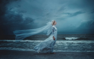 Woman white dress beach veil - a veil free wallpaper