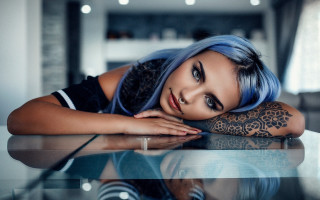Blue hair tattoo portrait cosplay - her arm free wallpaper