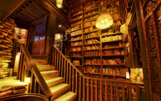 Magical library staircase bookshelf lamp - eishōsai chōki free wallpaper