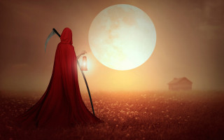 Red cloaked woman scythe fullmoon - death free wallpaper