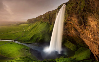 Waterfall green valley river cliff - a cliff in the background free wallpaper