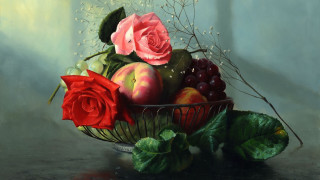 Basket fruit flowers blue background - anton graff free wallpaper