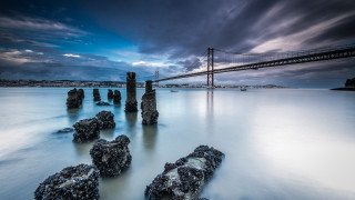 Bridge water rocks cloudy sky 2 - rock free wallpaper