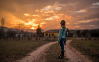 Girl sunset dirt road dog - a sunset free wallpaper