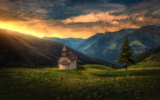Small church grassy hill mountains - a grassy hill free wallpaper