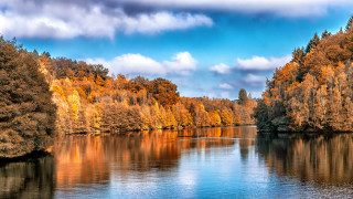 Lake trees blue sky clouds 2 - a few boat free wallpaper