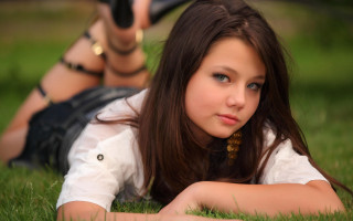 Girl grass cosplay camera laying - her hand and a camera free wallpaper