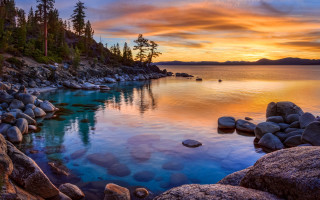 Sunset lake rocks trees clouds 2 - a colorful sky free wallpaper