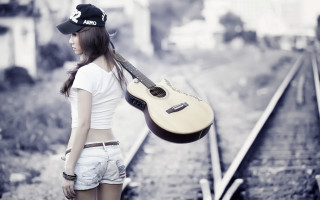 Woman guitar traintrack hat portrait - her head and a hat free wallpaper