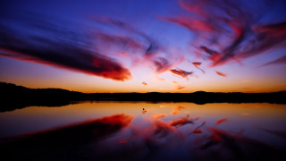 Sunset clouds reflection water mountains - a few bird free wallpaper