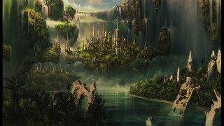Fantasy landscape waterfall castle boat 2 - christophe vacher free wallpaper