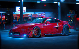 Red sports car neon lights - cyberpunk art free wallpaper