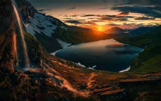 Waterfall mountain lake sunset mountains - a mountain range in the background free wallpaper