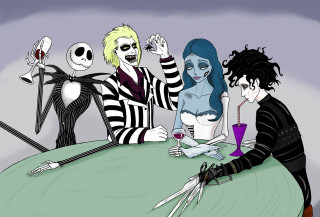 Skeletons wine table group costume - a glass of wine in front free wallpaper