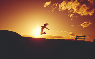 Jumping person bench sunset figure - sunrise time free wallpaper