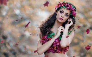Woman flowerdress cellphone leaves flowers - a photorealistic painting free wallpaper