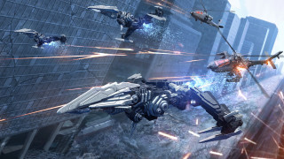 Futuristic fighter jets city skyline - game art free wallpaper