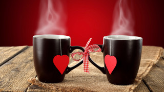 Coffee mugs hearts red background - morning free wallpaper