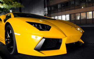 Yellow sports car night road - the side of the road free wallpaper