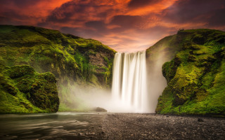 Waterfall red sky mountain forest - derold page free wallpaper