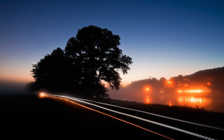 Train track tree building night - long exposure free wallpaper