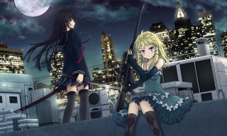 Anime girls rooftop night full - serial free wallpaper
