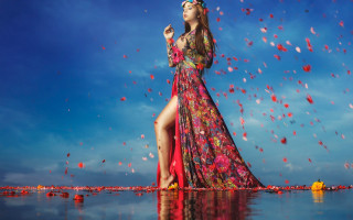Woman dress water petals blue - a long dress free wallpaper