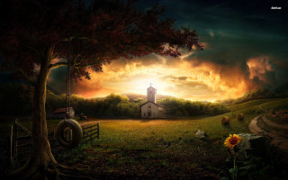Church field tree barn sunset - a sunset free wallpaper
