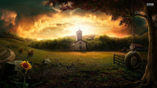 Church field swing sunset painting - gothic free wallpaper for desktop