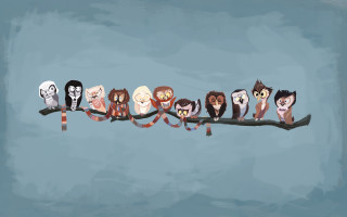 Owls branch ribbons eyes birds - brom free wallpaper
