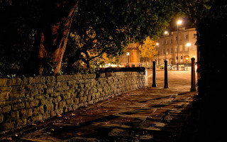 Stone wall tree city night 2 - night time free wallpaper