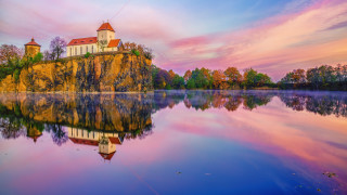 Small church island lake sunset - a small island in the middle of a lake free wallpaper