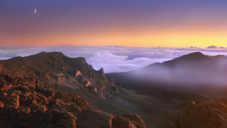 Mountain moon clouds dusk cityscape - a moon in the sky above free wallpaper