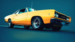 Yellow muscle car road blue - the side of the road free wallpaper