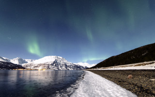 Lake snow mountain aurora night - naturalism free wallpaper