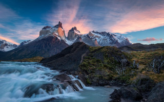 Mountain river sunset nature waterfall - a mountain range in the background free wallpaper