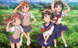 Girls school uniforms field flowers - three girl free wallpaper