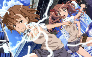 Anime girls city lightning man - a gun in the air free wallpaper