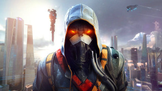 Futuristic man red eye cityscape - a red eye free wallpaper