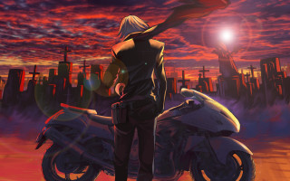 Cityscape motorcycle sunset flag blonde - cyberpunk art free wallpaper