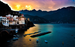 Sunset lake town boats mountains - the water and mountains free wallpaper